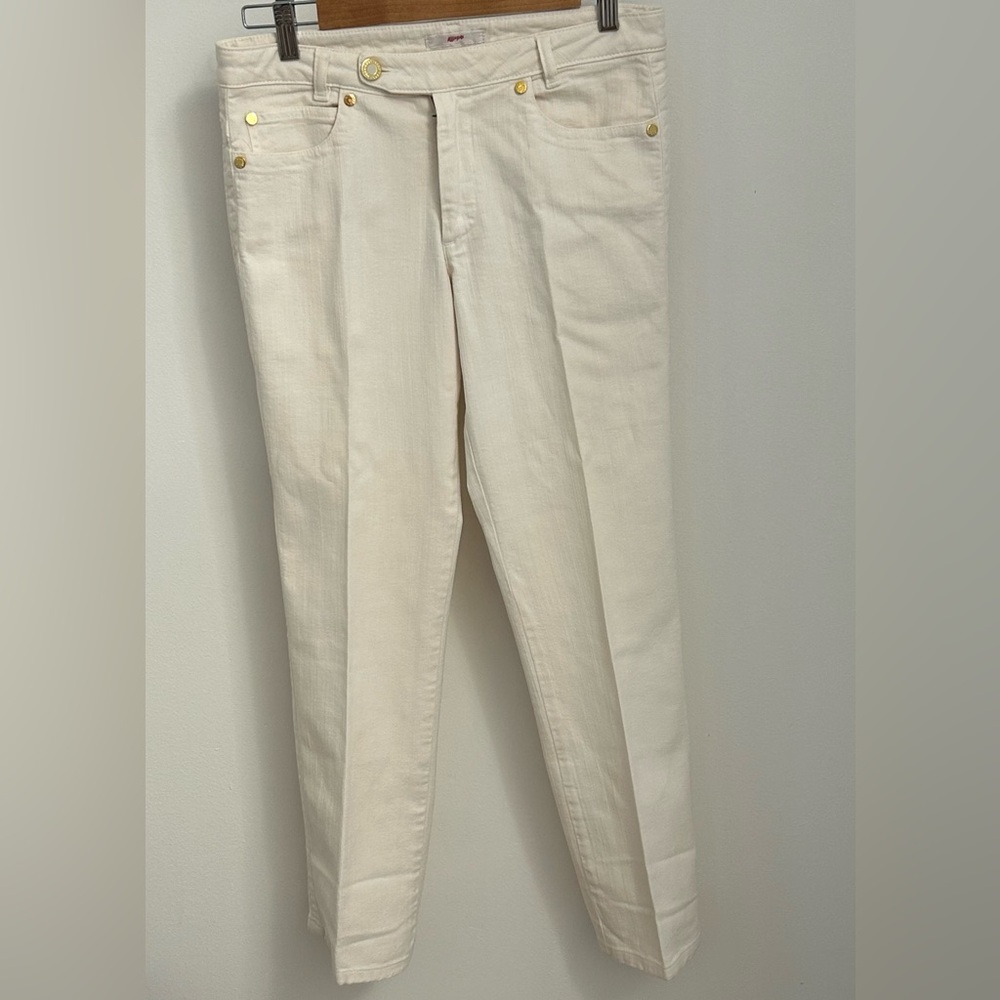 Leggiadro Ivory/White Straight Leg Pants Gold Button Detail Made in Italy Size 6